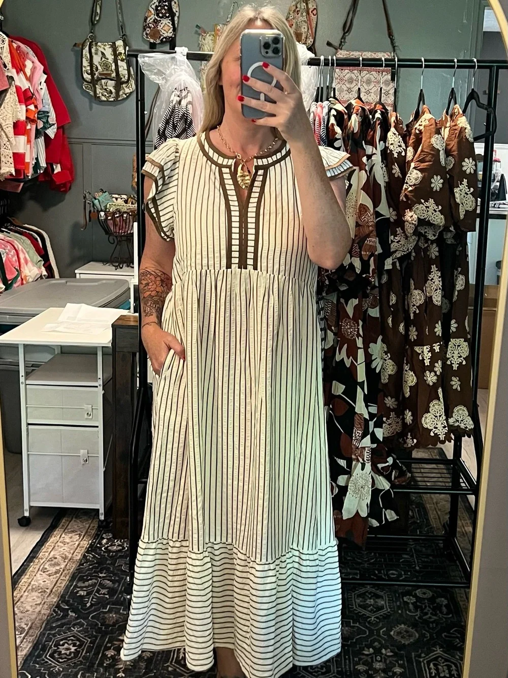 Striped Ivory and Brown Midi Dress